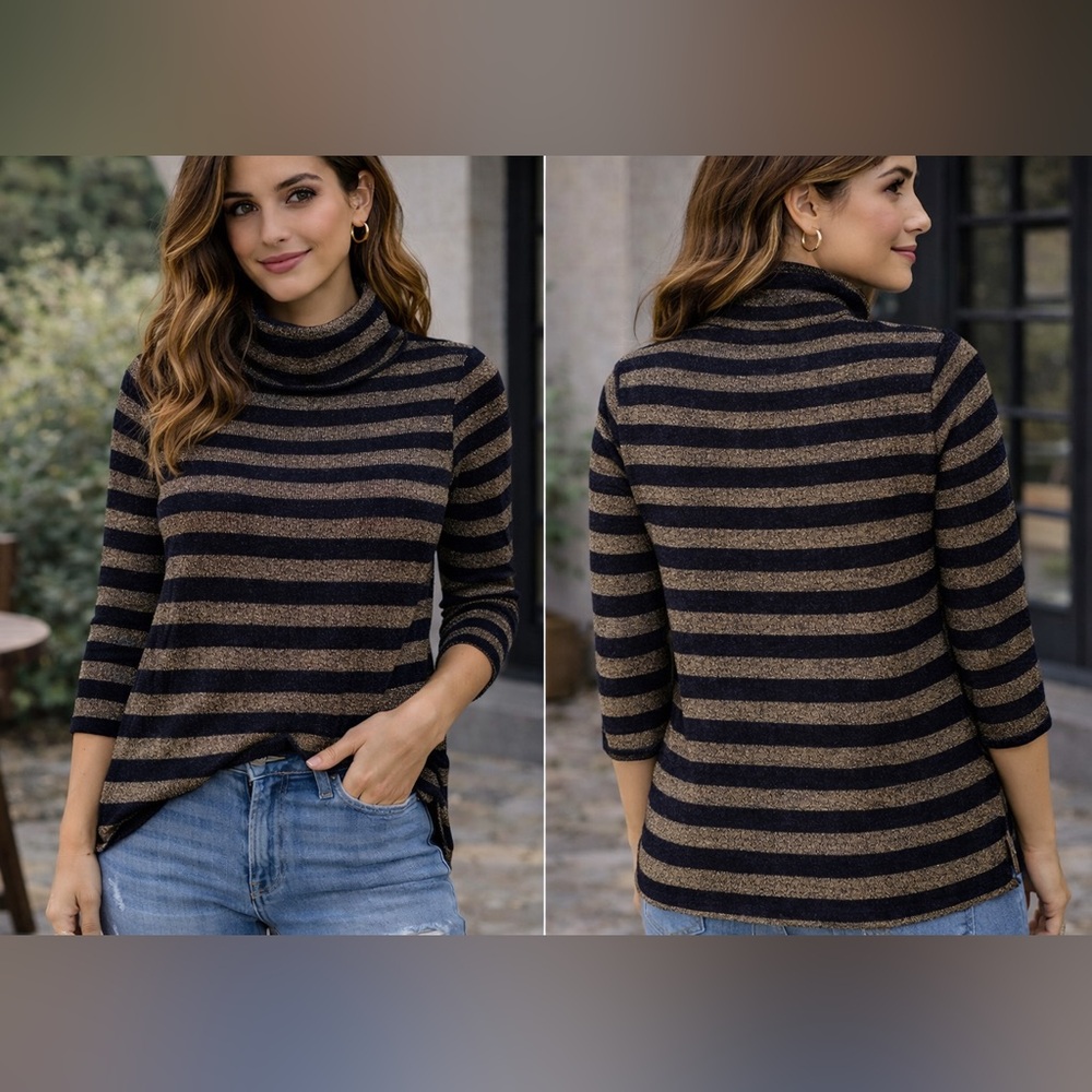 Chaus New York Metallic Stripe Turtleneck Sweater Size L Black Gold 3/4 Sleeve